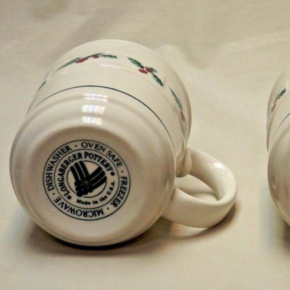Longaberger Pottery Set of 2 Woven Traditions Traditional Holly Mugs USA - Picture 6 of 16